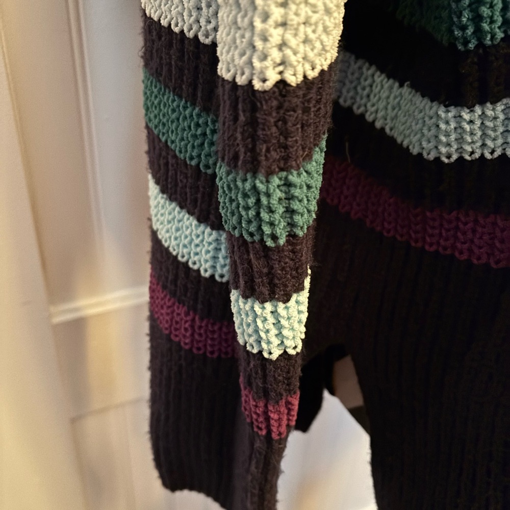 St. John's Bay Black Crewneck Sweater with Purple, Teal & White Stripes - Picture 3 of 4